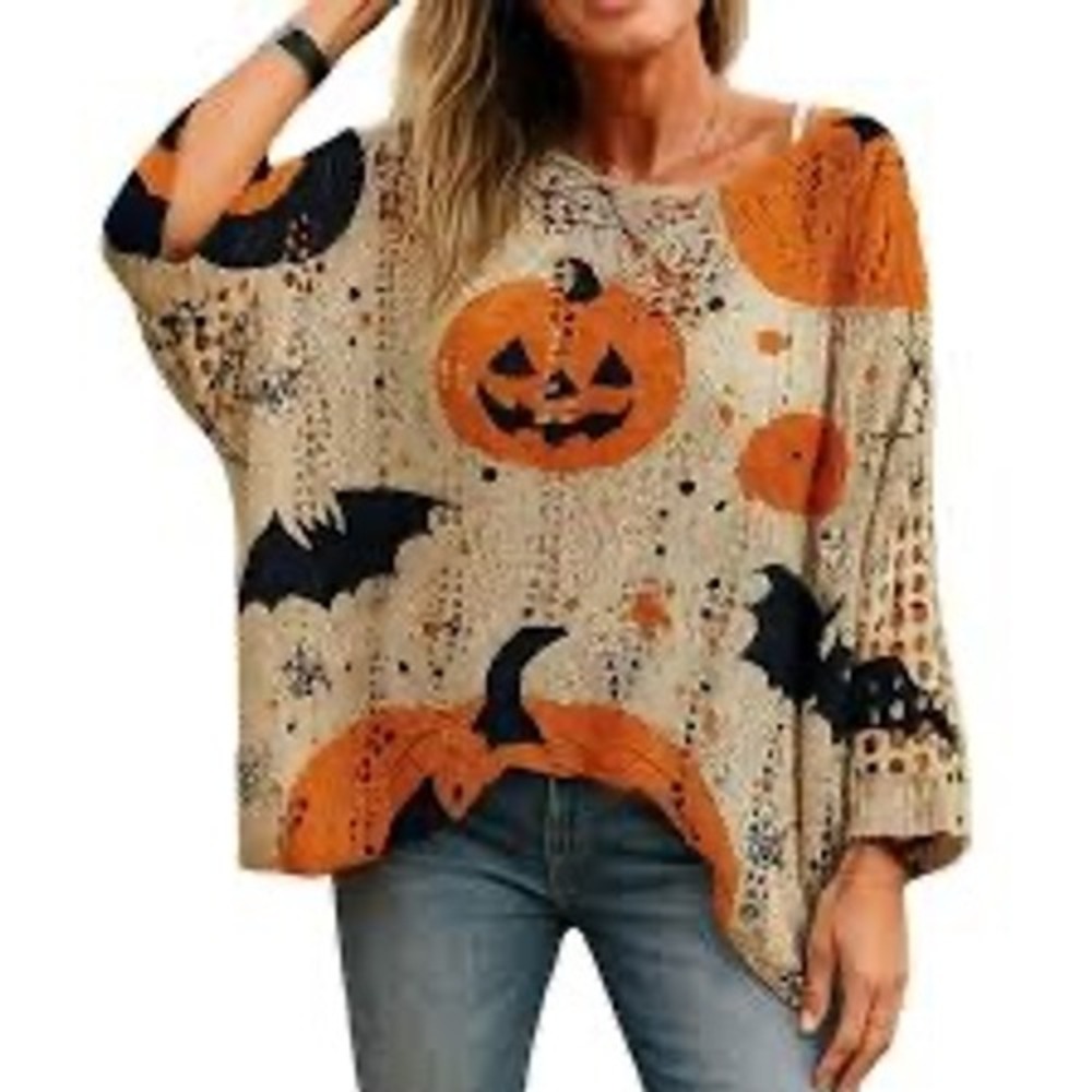 Womens Halloween Open Knit Sweater Size 1XL Beige Pumpkin Harvest Fall Spooky